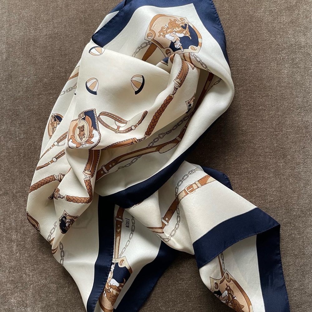 100% Silk Navy and Cream Equestrian Print Scarf